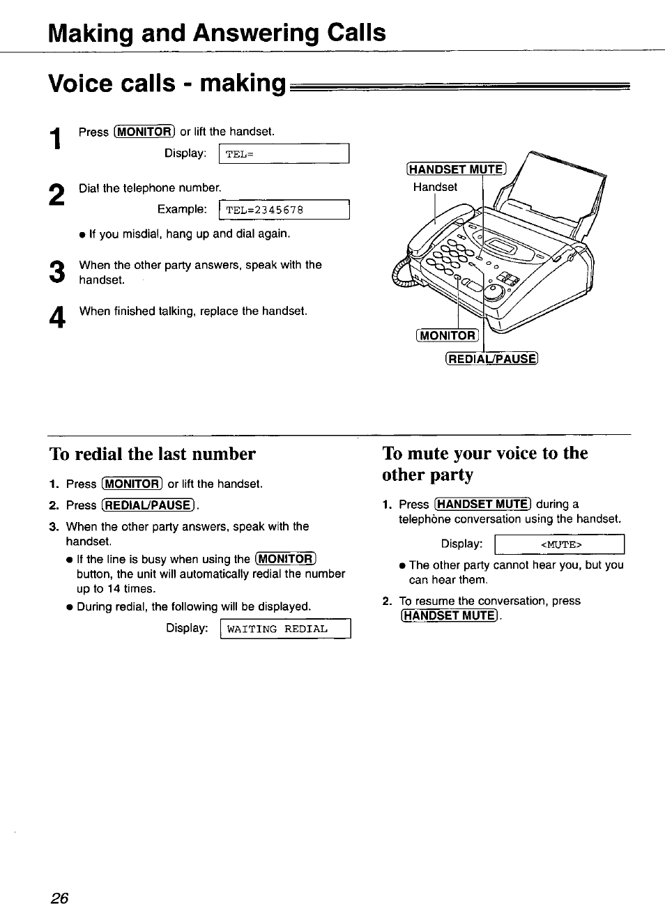 Voice calls - making, To mute your voice to the other party, Making and answering calls | Panasonic KX-FP101 User Manual | Page 26 / 104