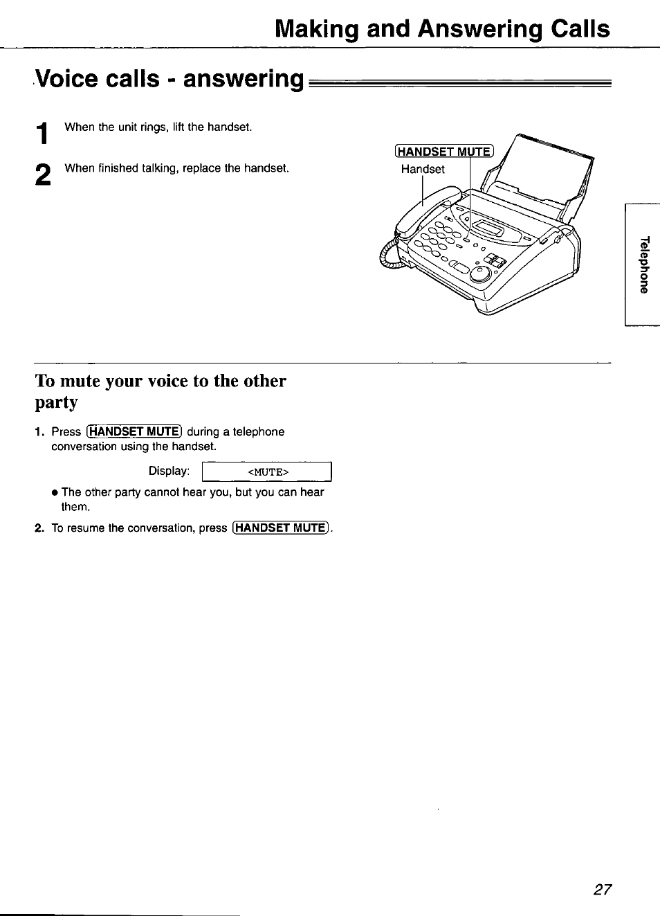 Voice cails - answering, To mute your voice to the other party, Voice calls - answering | Making and answering calis | Panasonic KX-FP101 User Manual | Page 27 / 104