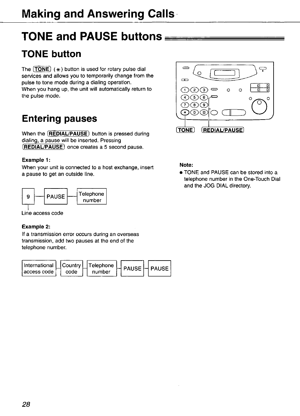 Tone and pause buttons, Tone button, Entering pauses | Tone] (redial/pause), Making and answering calls | Panasonic KX-FP101 User Manual | Page 28 / 104