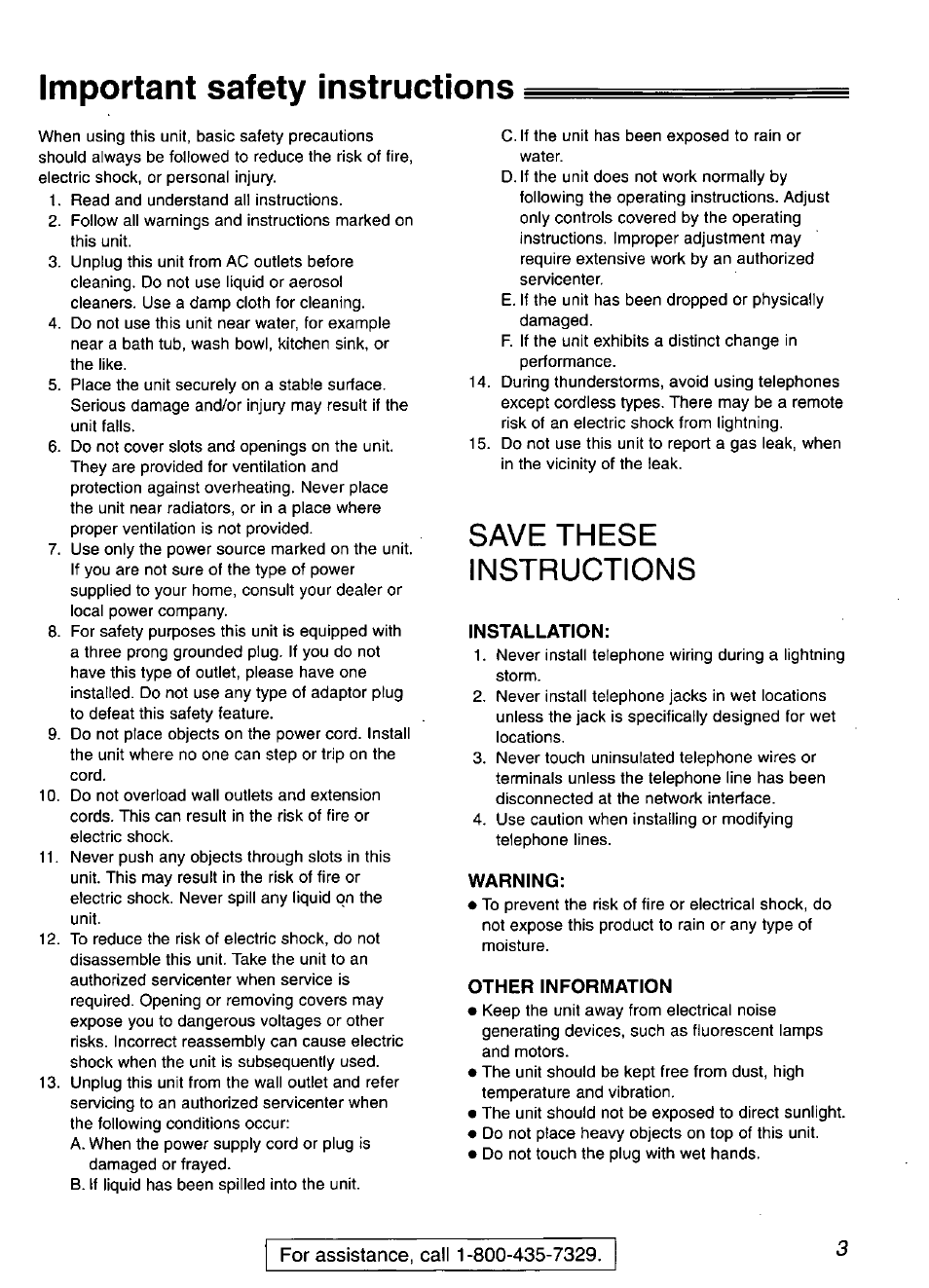 Important safety instructions, Save these instructions | Panasonic KX-FP101 User Manual | Page 3 / 104