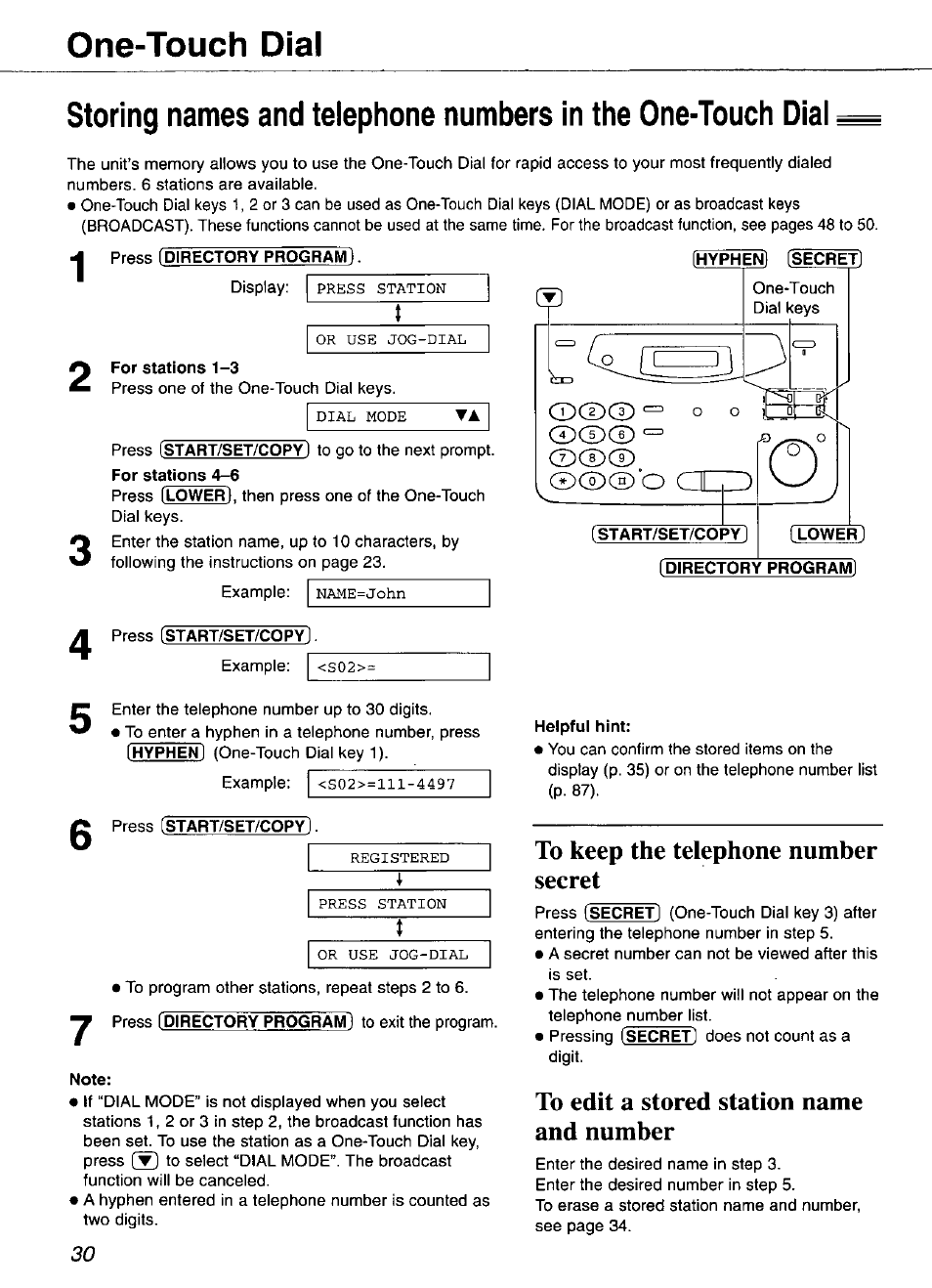 One-touch dial, Start/set/copy, Lower | Directory program), To keep the telephone number secret, To edit a stored station name and number, C±)(x)c£) | Panasonic KX-FP101 User Manual | Page 30 / 104