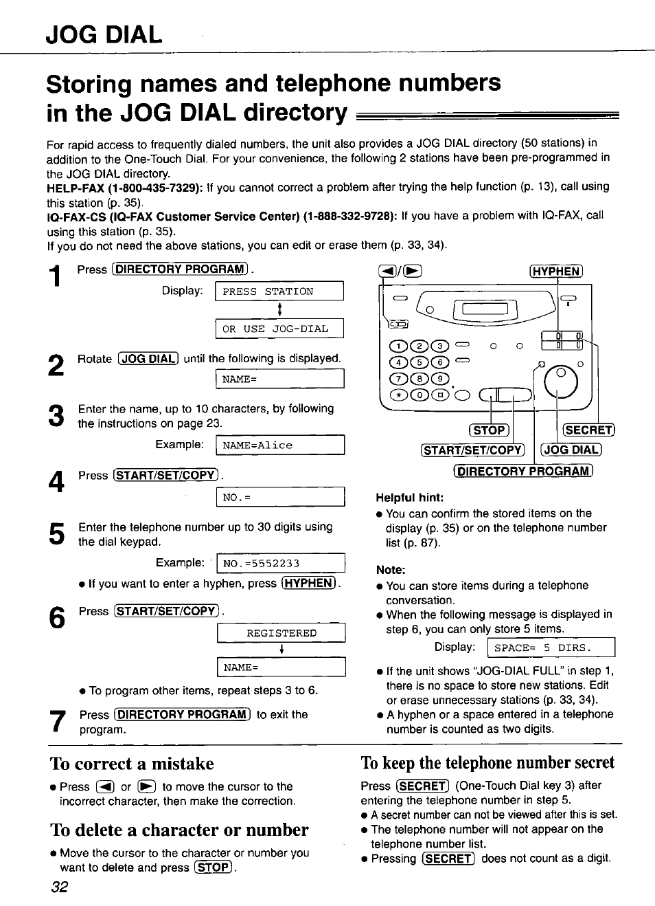 Press (directory program, Hy^en, Stop | Start/set/copy), Press (start/set/copy), Secret), Jog dial), Directory program), Helpful hint, Note | Panasonic KX-FP101 User Manual | Page 32 / 104