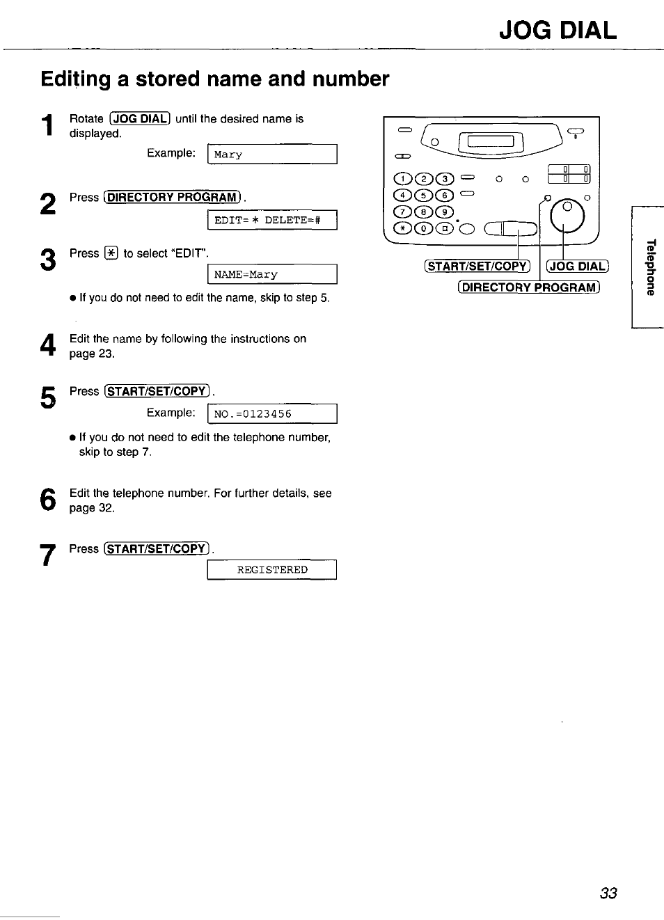 Editing a stored name and number, Press [directory program, Istart/set/copyl | Jog dial), Directory programi, Jog dial, Mary, Edit=+ delete, Name-mary, Registered | Panasonic KX-FP101 User Manual | Page 33 / 104