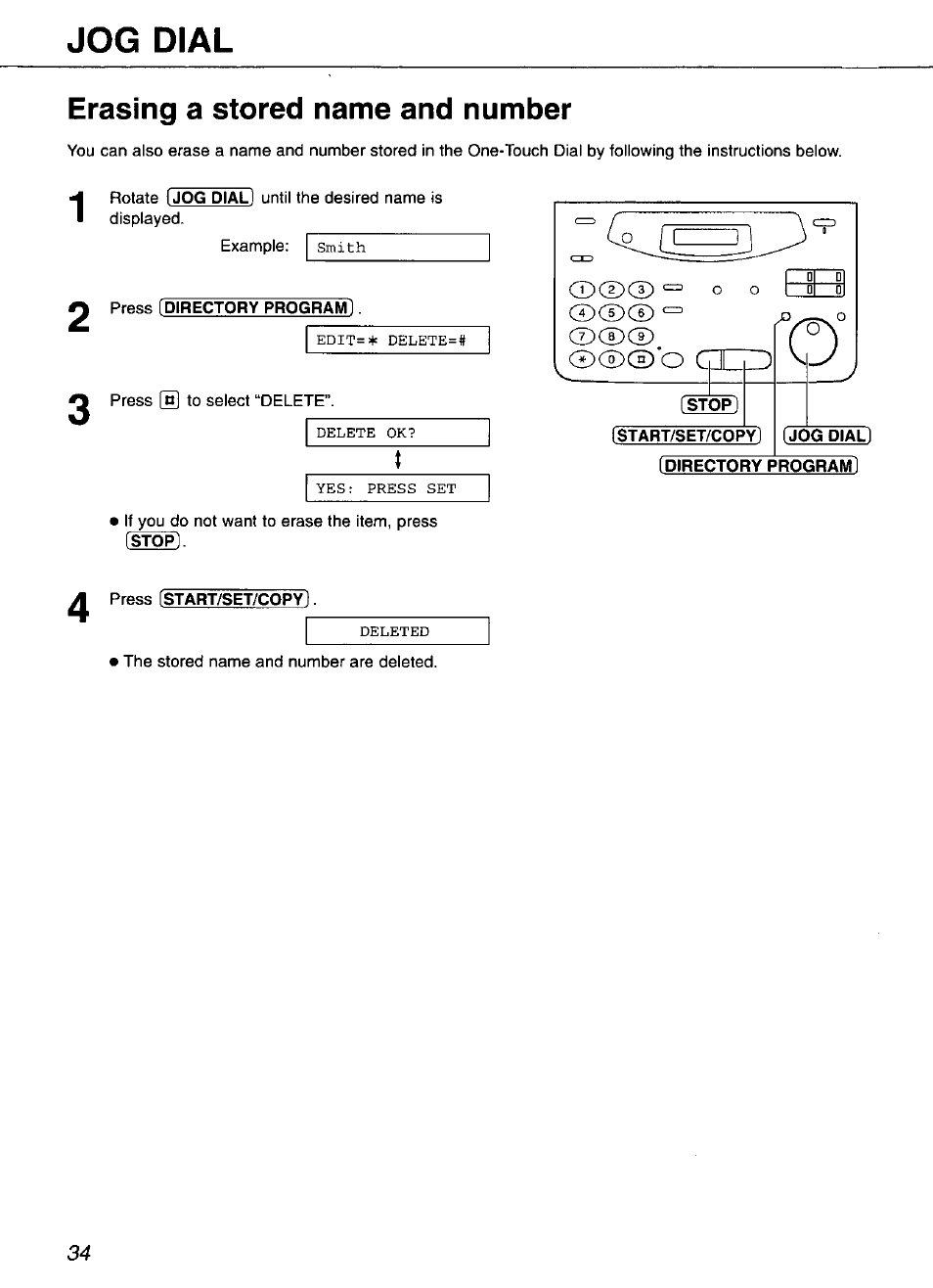 Erasing a stored name and number, Press [directory program, Start/set/copy | Jog dial, Directory prograli | Panasonic KX-FP101 User Manual | Page 34 / 104