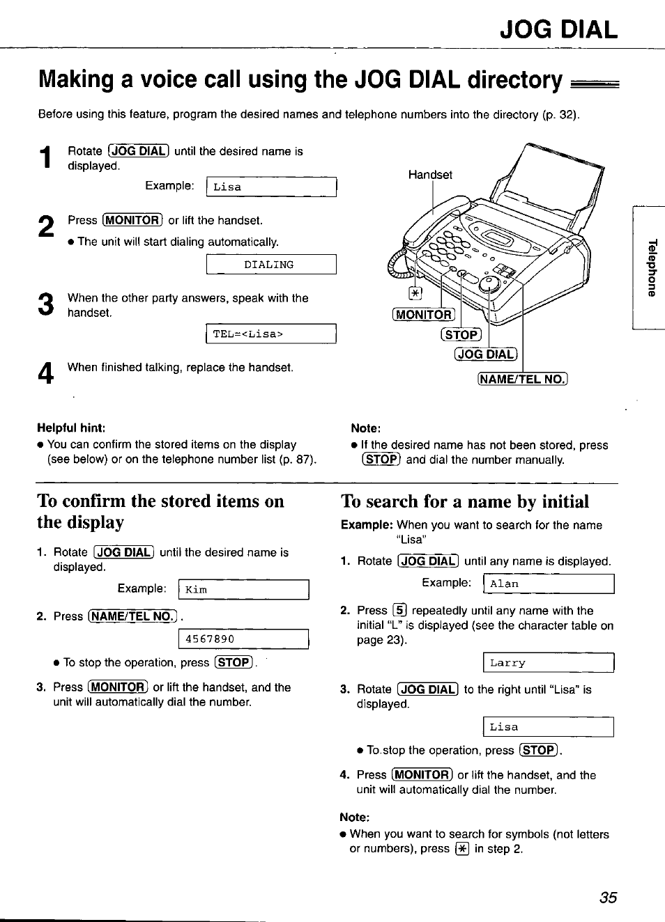 Making a voice cali using the jog dial directory, To conflrm the stored items on the display, To search for a name by initial | Making a voice call using the jog dial directory, Jog dial | Panasonic KX-FP101 User Manual | Page 35 / 104