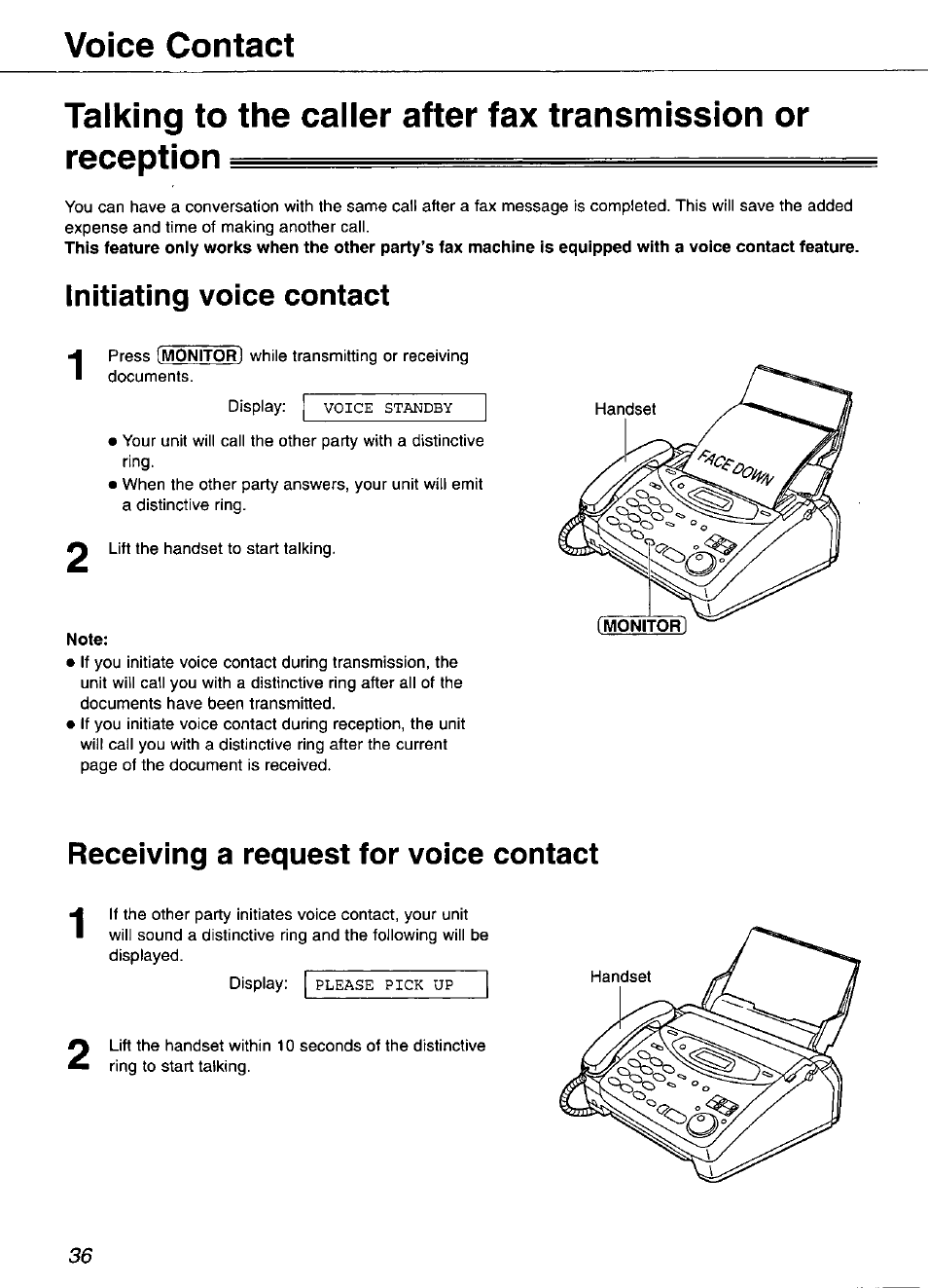 Voice contact, Initiating voice contact, Note | Receiving a request for voice contact | Panasonic KX-FP101 User Manual | Page 36 / 104