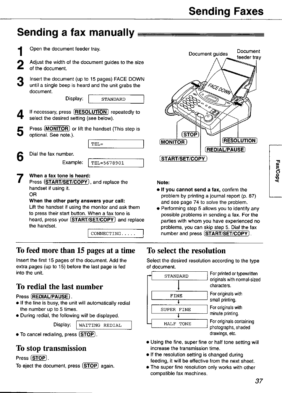 Sending a fax manually, When a fax tone is heard, Stop) | Monitor), Note, To stop transmission, Sending faxes | Panasonic KX-FP101 User Manual | Page 37 / 104