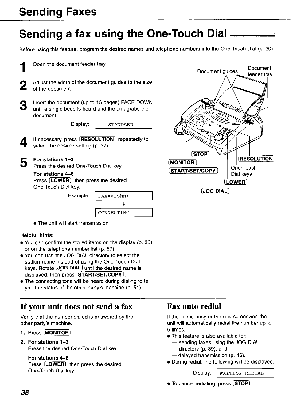 Sending a fax using the one-touch dial, Jog dial, If your unit does not send a fax | Fax auto redial, Sending faxes, Standard, Fax=<john> connecting, Waiting redial | Panasonic KX-FP101 User Manual | Page 38 / 104