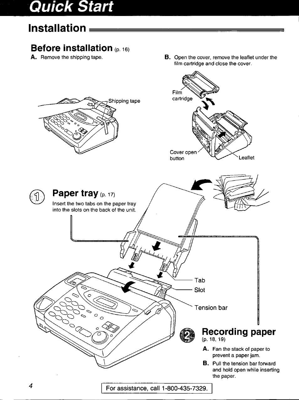 Installation, Before installation (p 16, Paper tray (p i?) | Recording paper, Quick start | Panasonic KX-FP101 User Manual | Page 4 / 104