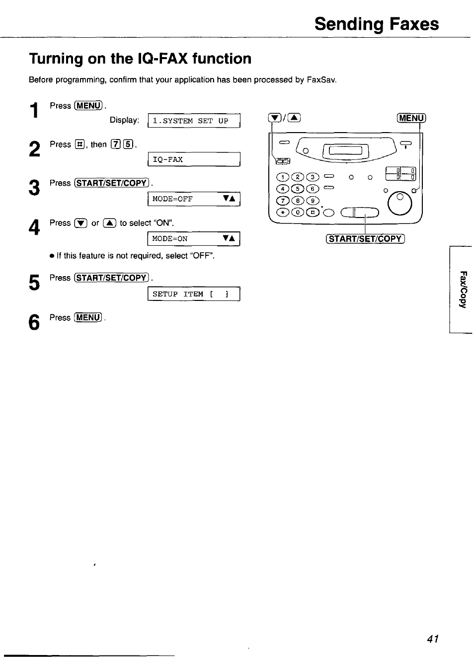 Turning on the iq-fax function, Sending faxes | Panasonic KX-FP101 User Manual | Page 41 / 104