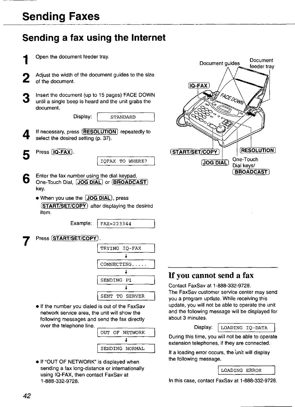 Sending a fax using the internet, Iq-fax, Istart/set/copy | F jog dial, Resolution 1, Broadcasti, If you cannot send a fax, Sending faxes, Standard, Iqfax to where | Panasonic KX-FP101 User Manual | Page 42 / 104