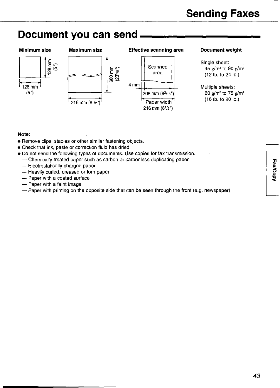 Document you can send, Effective scanning area, Document weight | Note, Sending faxes | Panasonic KX-FP101 User Manual | Page 43 / 104