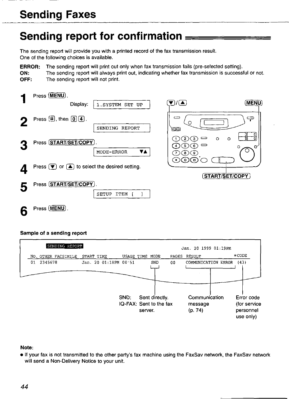 Sending report for confirmation, Start/set/copy, Sending faxes | Panasonic KX-FP101 User Manual | Page 44 / 104