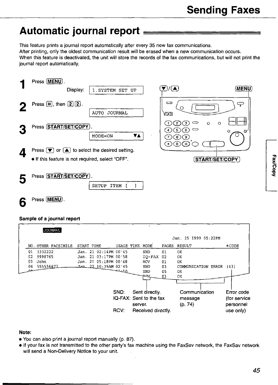 Automatic journal report, Sending faxes | Panasonic KX-FP101 User Manual | Page 45 / 104