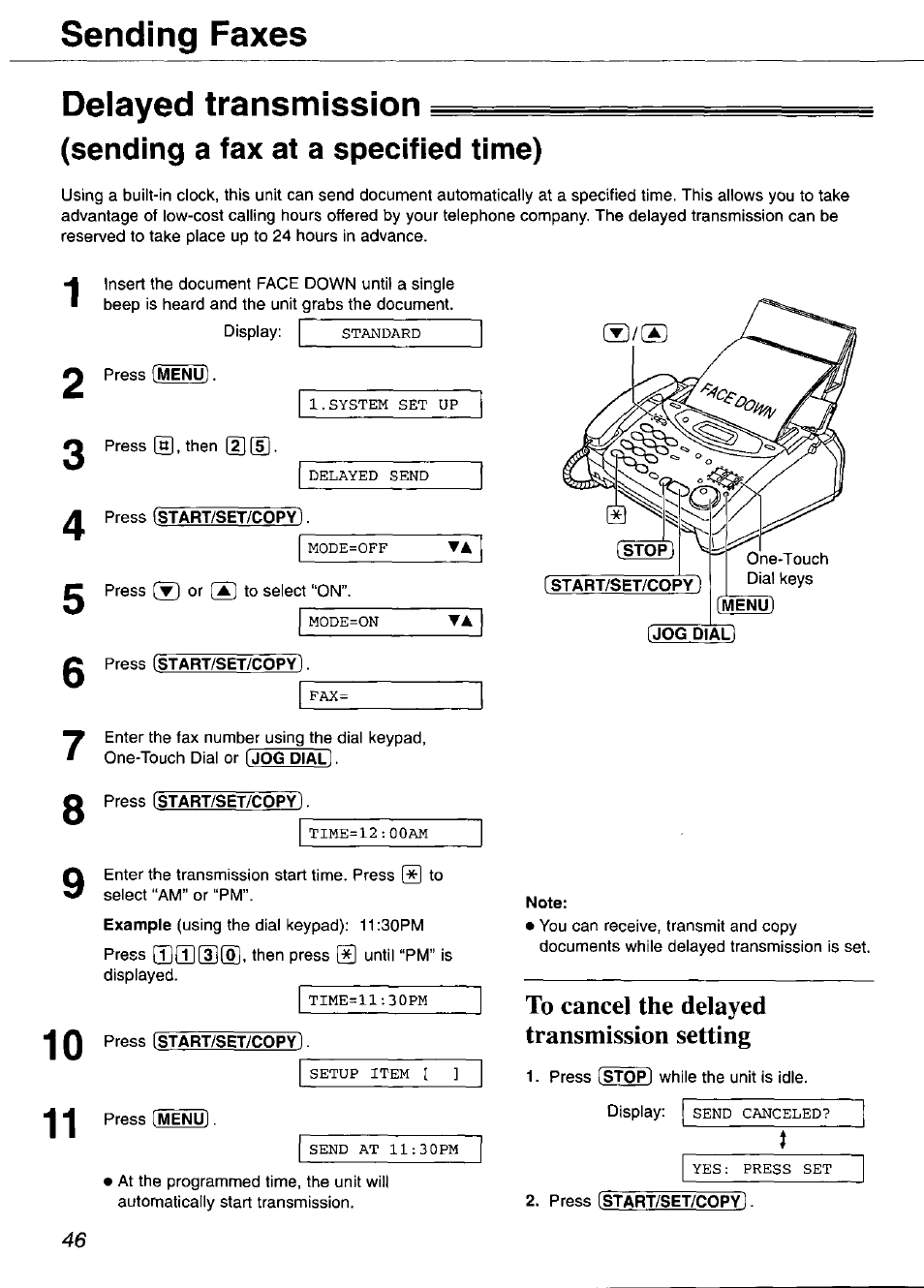 Delayed transmission, Sending a fax at a specified time), To cancel the delayed transmission setting | Sending faxes | Panasonic KX-FP101 User Manual | Page 46 / 104