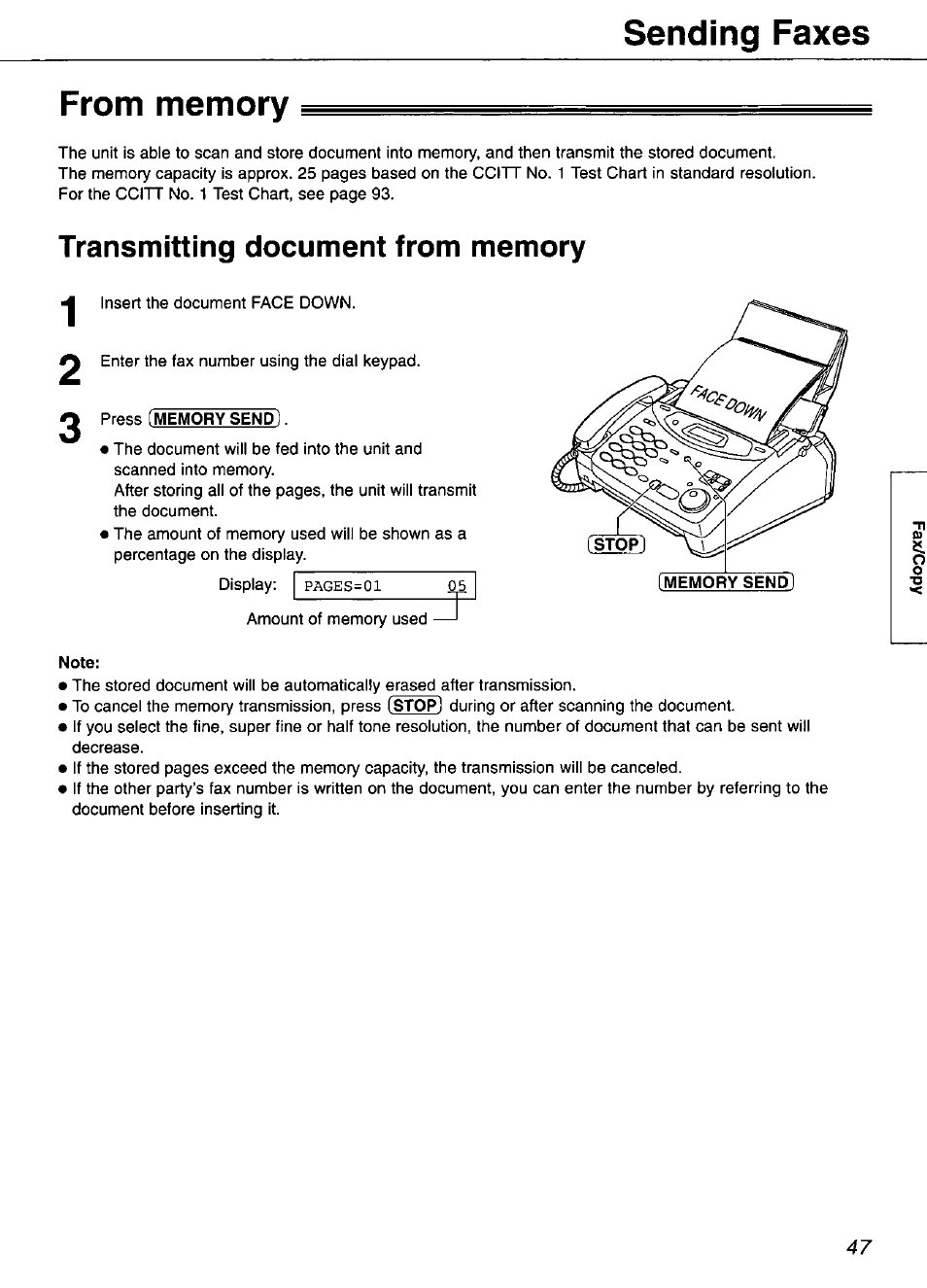 From memory, Transmitting document from memory, Sending faxes | Panasonic KX-FP101 User Manual | Page 47 / 104