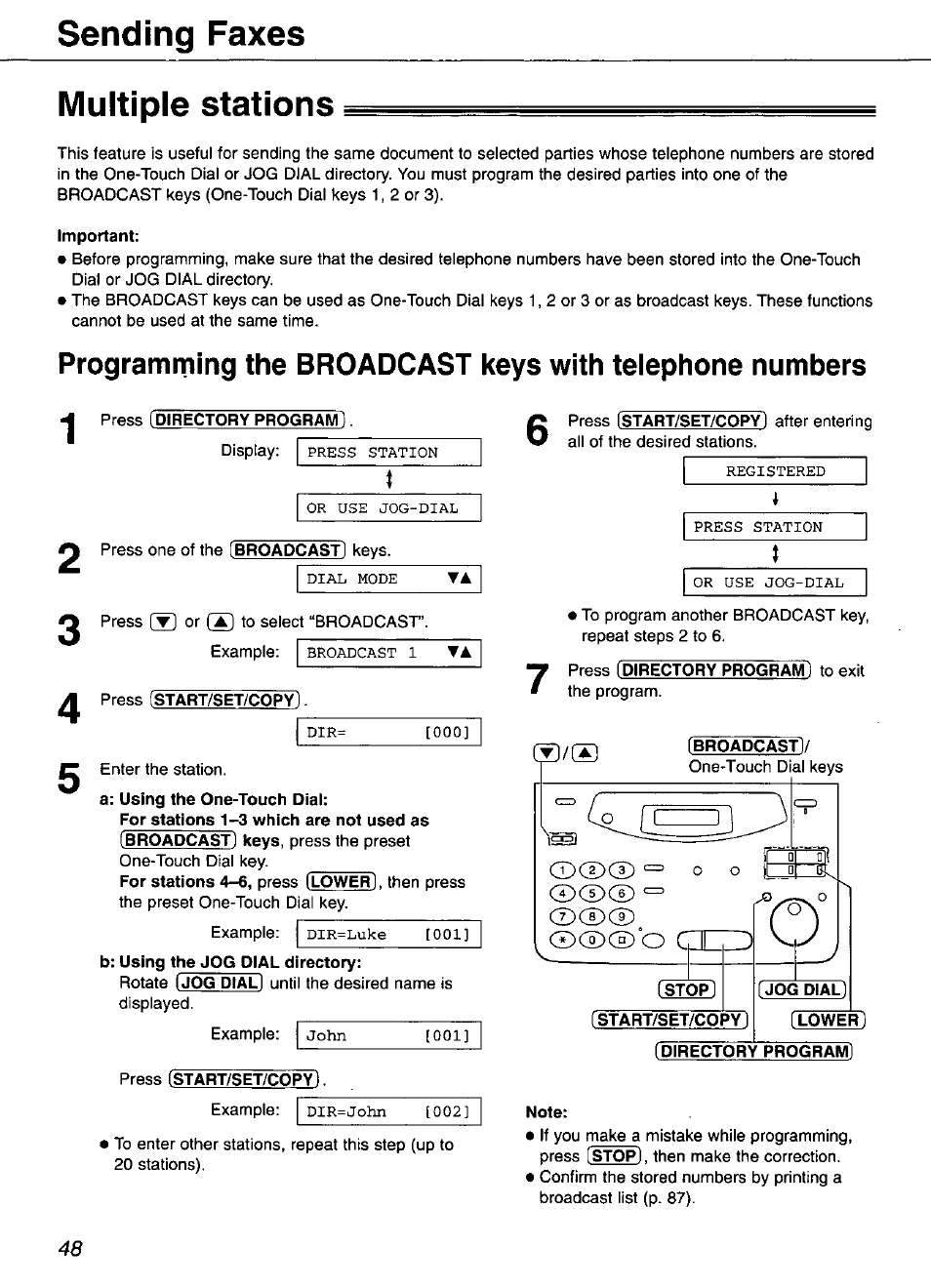 Multiple stations, Broadcast), Stop] [start/set/copy | Jog dial] [lower, Directory program, Sending faxes | Panasonic KX-FP101 User Manual | Page 48 / 104