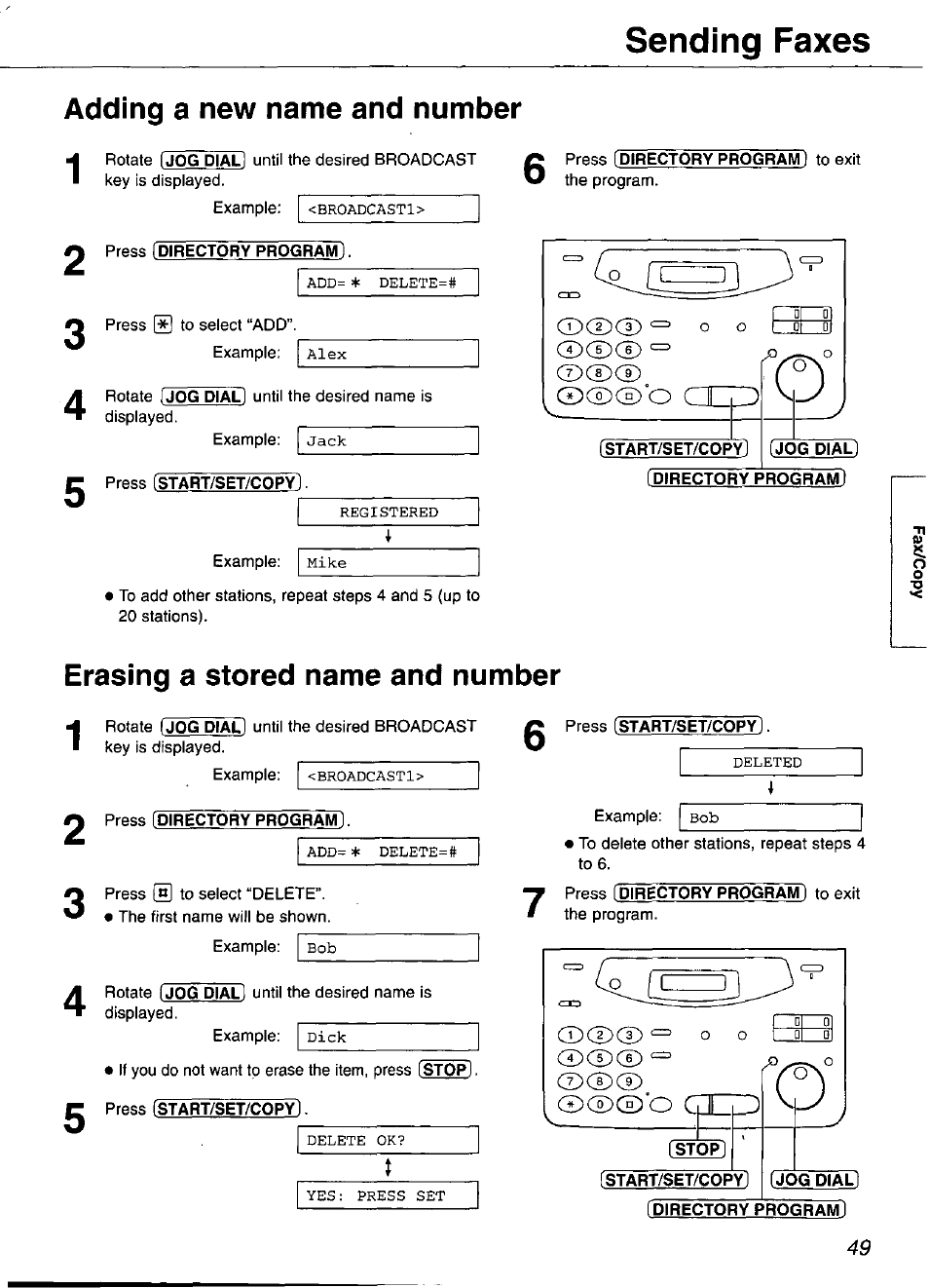 Adding a new name and number, Press (directory program), Fstart/set/copy | Jog dial, Erasing a stored name and number, Press (directory program, Sending faxes, Cdcd | Panasonic KX-FP101 User Manual | Page 49 / 104