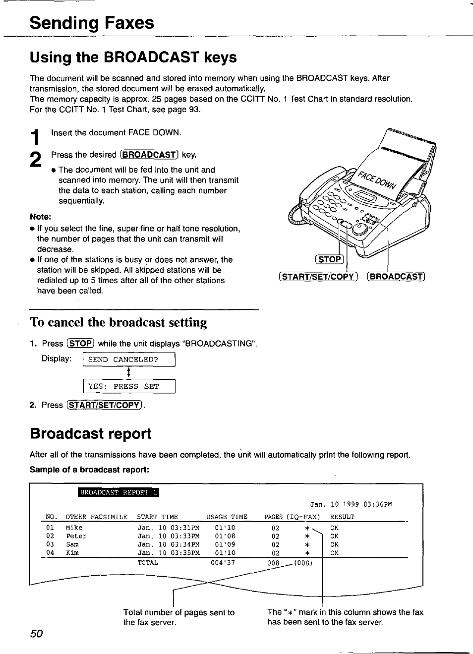 Using the broadcast keys, To cancel the broadcast setting, Broadcast report | Sending faxes | Panasonic KX-FP101 User Manual | Page 50 / 104