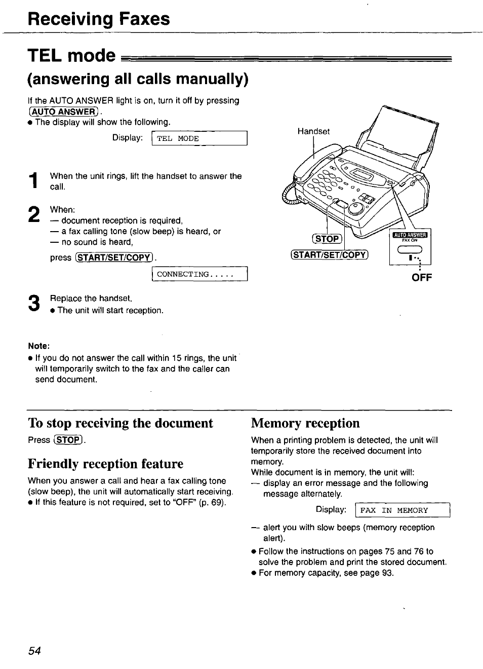 Tel mode, Answering all calls manually), To stop receiving the document | Friendly reception feature, Memory reception, Tel mode (answering all calls manually), Receiving faxes | Panasonic KX-FP101 User Manual | Page 54 / 104