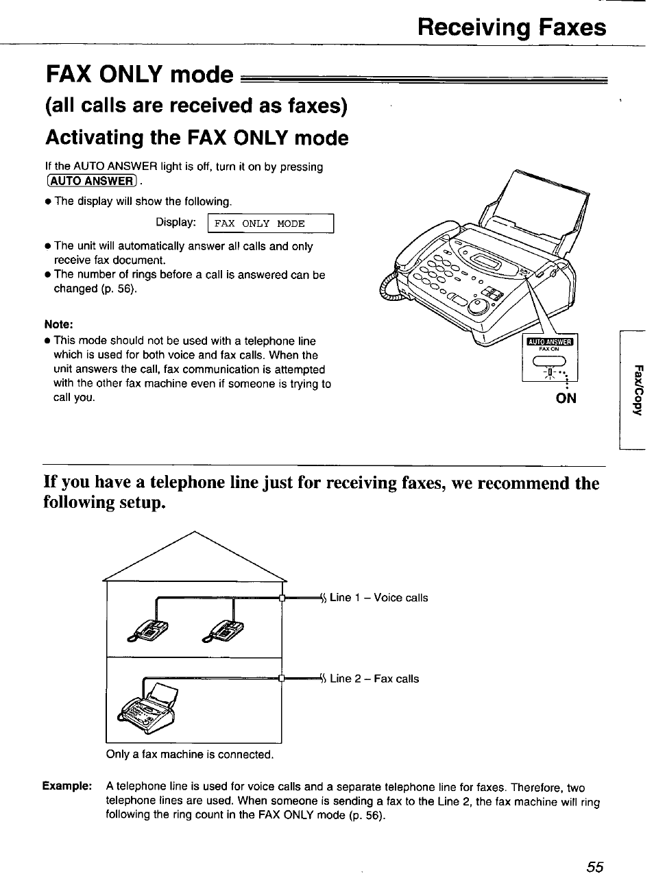 Fax only mode, Receiving faxes | Panasonic KX-FP101 User Manual | Page 55 / 104