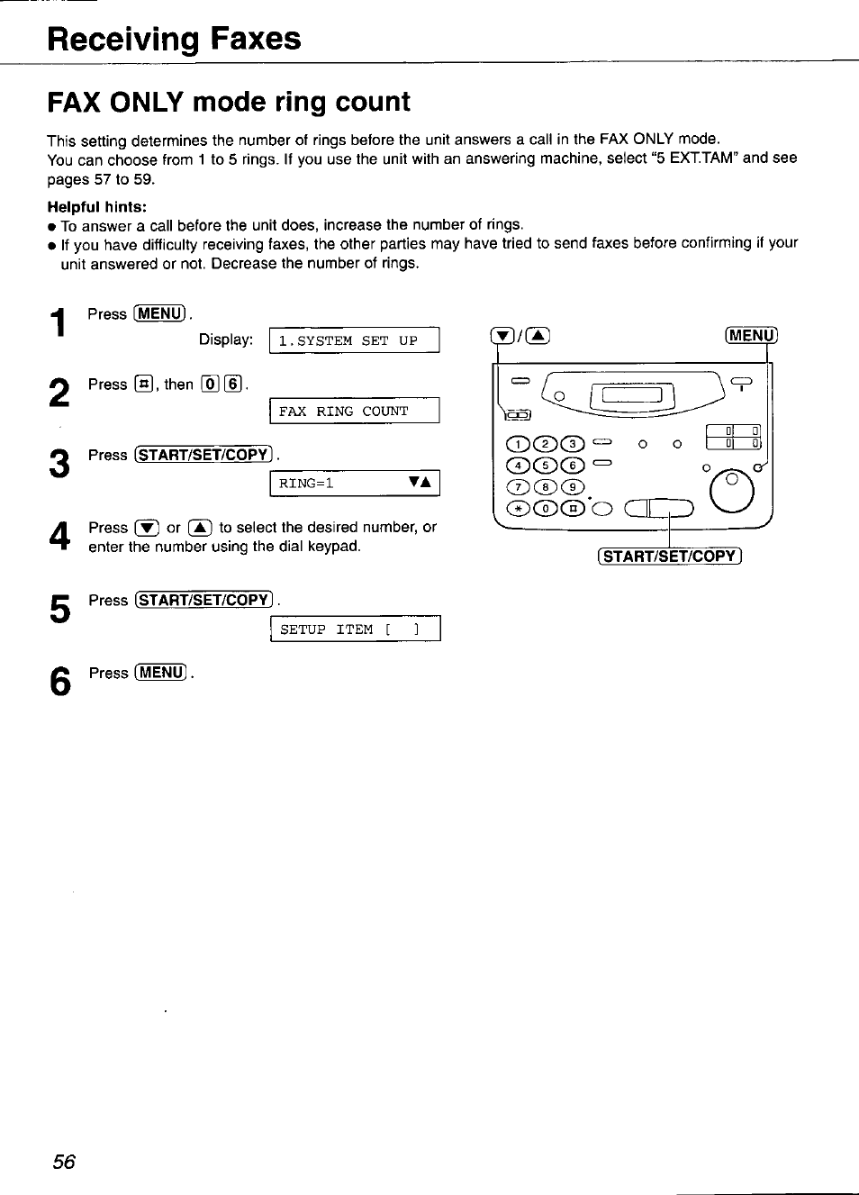 Fax only mode ring count, Menu, Receiving faxes | Panasonic KX-FP101 User Manual | Page 56 / 104