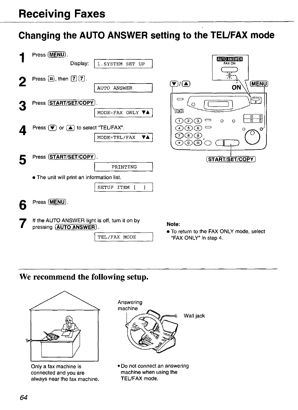 We recommend the following setup, Receiving faxes | Panasonic KX-FP101 User Manual | Page 64 / 104