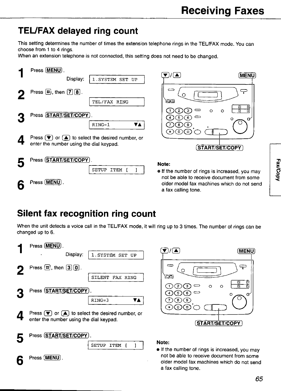 Teufax delayed ring count, Silent fax recognition ring count, Menu | Receiving faxes | Panasonic KX-FP101 User Manual | Page 65 / 104