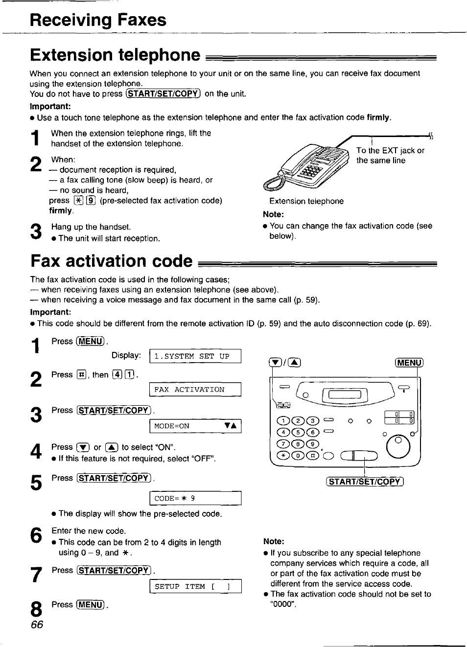 Extension teiephone, Fax activation code, Menu) | Receiving faxes | Panasonic KX-FP101 User Manual | Page 66 / 104