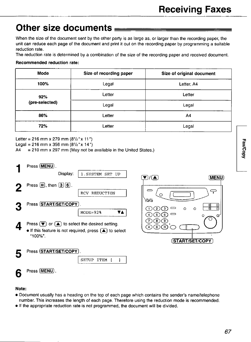 Other size documents, Press [start/set/copy, Press fstart/set/copy]. press [menu | Note, Receiving faxes | Panasonic KX-FP101 User Manual | Page 67 / 104