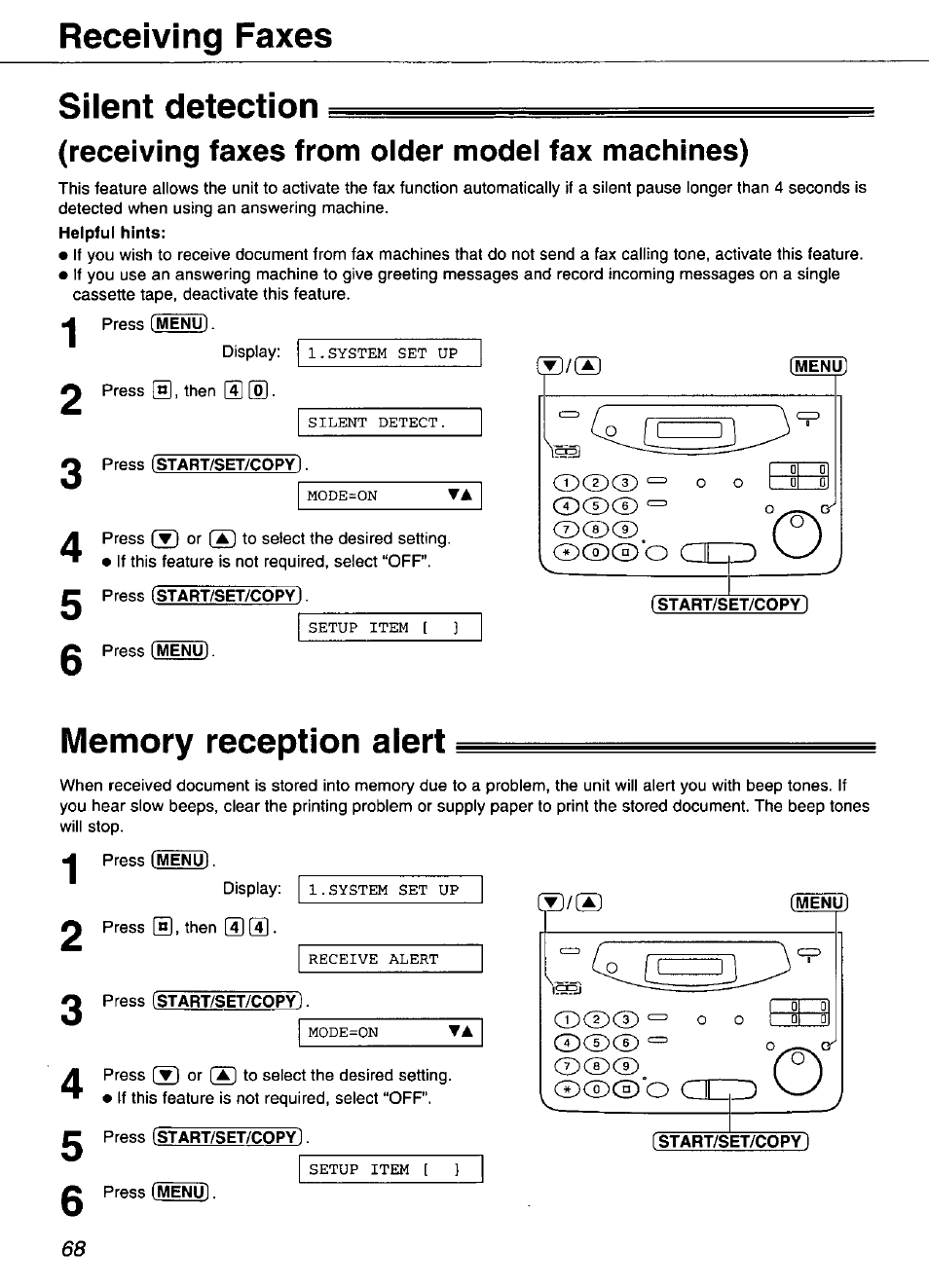 Silent detection, Receiving faxes from older model fax machines), Helpful hints | Press [start/set/copyì, Press [start/set/copy), Menu, F start/set/copy, Memory reception alert, Press [start/set/copy, Press [start/set/copy]. press [menu | Panasonic KX-FP101 User Manual | Page 68 / 104