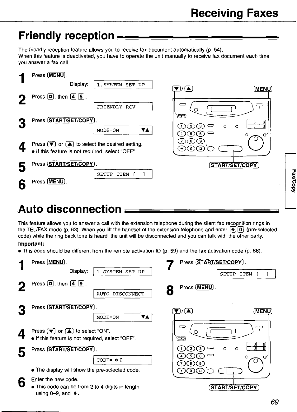 Friendly reception, Press [start/set/copyì, Menu | Press fstart/set/copyl. press (menu, Auto disconnection, Press fstart/set/copyl, Receiving faxes | Panasonic KX-FP101 User Manual | Page 69 / 104