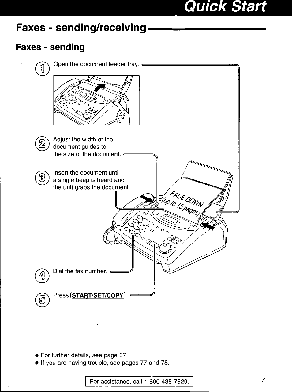 Faxes - sending/receiving, Faxes - sending, Quick start | Panasonic KX-FP101 User Manual | Page 7 / 104