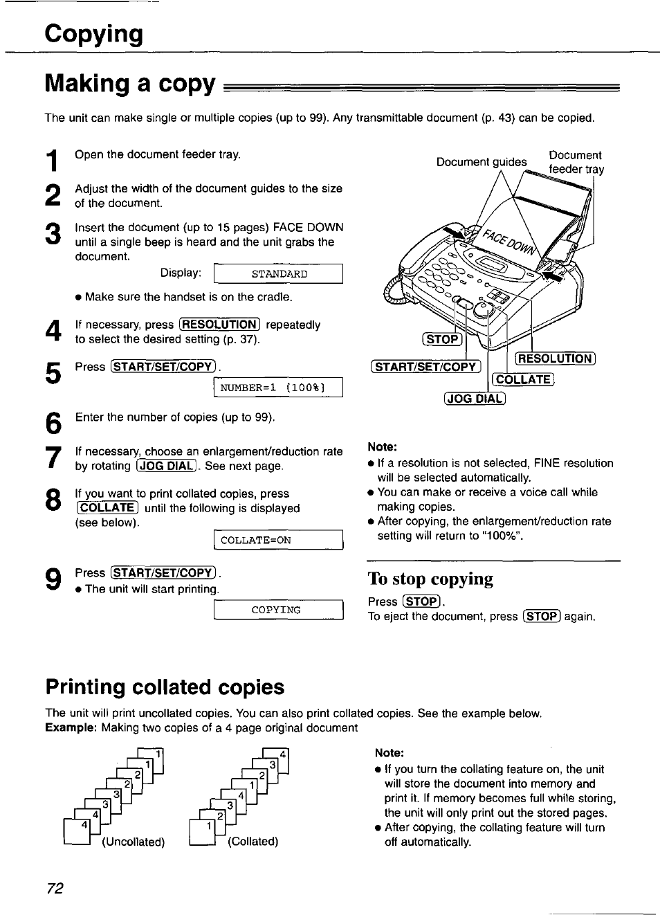 Copying, Making a copy, To stop copying | Printing collated copies, Copying making a copy | Panasonic KX-FP101 User Manual | Page 72 / 104