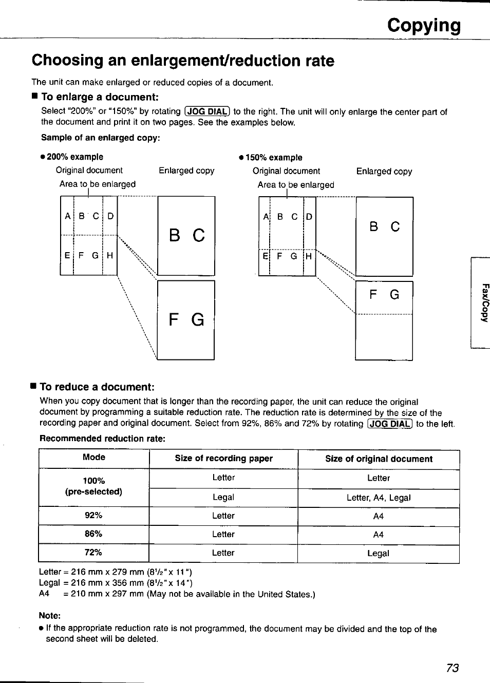 Choosing an enlargement/reduction rate, To enlarge a document, 200% example | 150% example, To reduce a document, Note, Copying | Panasonic KX-FP101 User Manual | Page 73 / 104