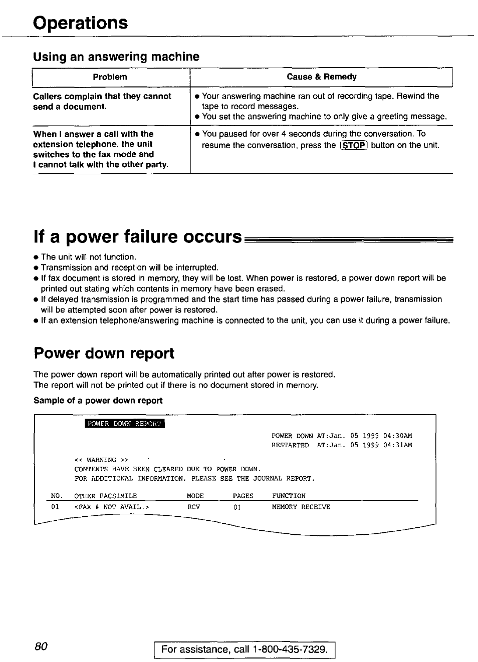 Using an answering machine, If a power failure occurs, Power down report | Operations | Panasonic KX-FP101 User Manual | Page 80 / 104