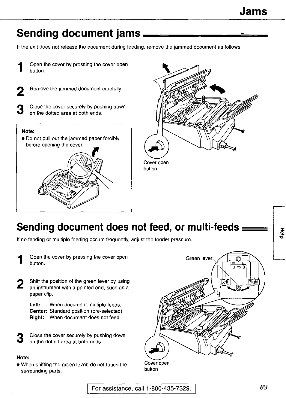 Sending document jams, Sending document does not feed, or multi-feeds, Note | Jams | Panasonic KX-FP101 User Manual | Page 83 / 104