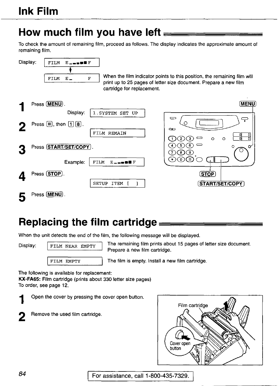 Ink film, How much film you have left, Menu | Isfofl, Replacing the film cartridge, Ink film how much film you have left | Panasonic KX-FP101 User Manual | Page 84 / 104