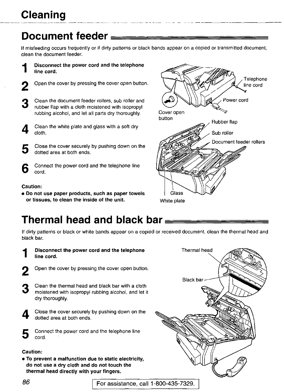 Cleaning, Document feeder, Thermal head and black bar | Cleaning document feeder | Panasonic KX-FP101 User Manual | Page 86 / 104