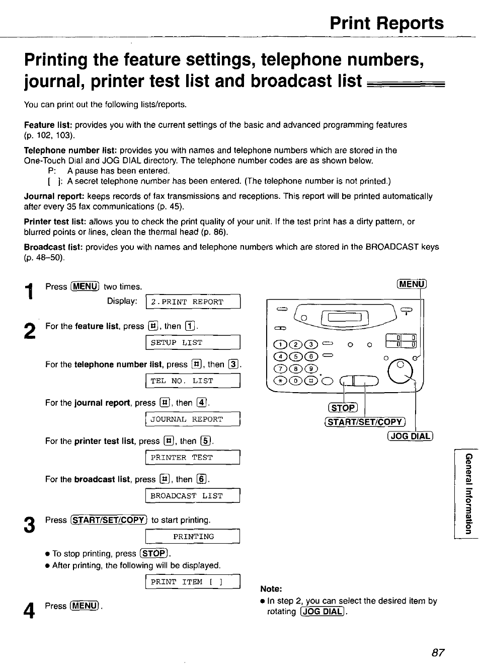 Note, Print reports | Panasonic KX-FP101 User Manual | Page 87 / 104