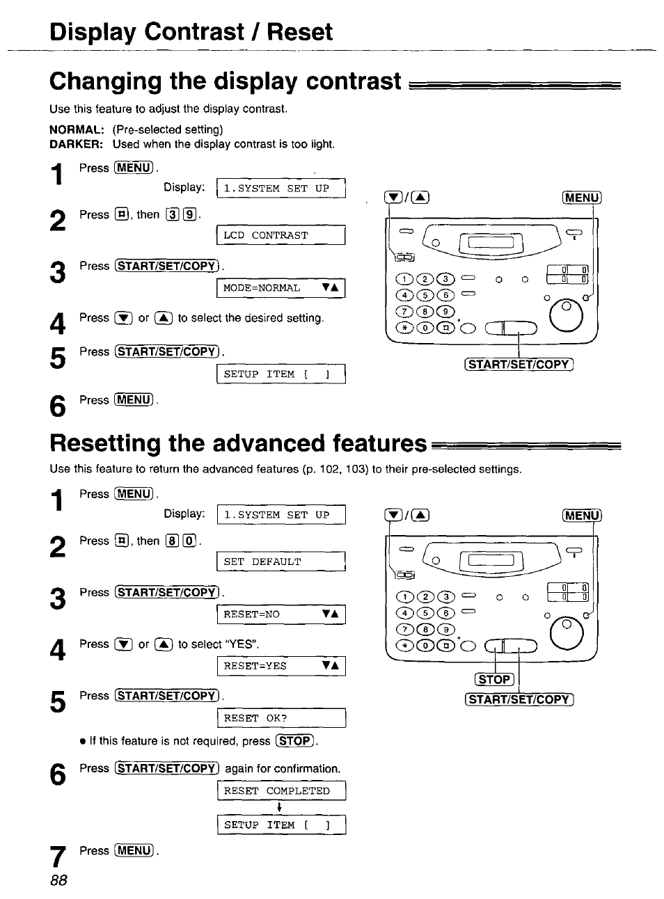 Display contrast / reset, Changing the display contrast, Menu | Start/set/copy, Resetting the advanced features, Stop] [start/set/copy | Panasonic KX-FP101 User Manual | Page 88 / 104