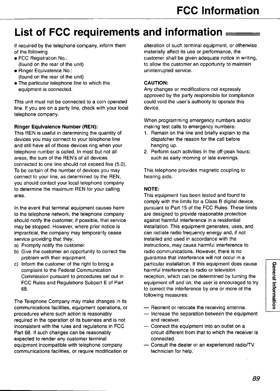 List of fcc requirements and information, Ringer equivaience number (ren), Caution | Note, Fcc information | Panasonic KX-FP101 User Manual | Page 89 / 104