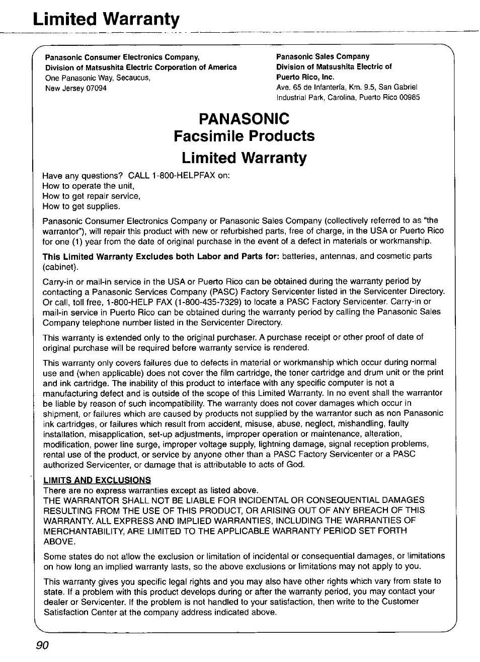 Panasonic facsimile products, Limited warranty, Limits and exclusions | Panasonic facsimile products limited warranty | Panasonic KX-FP101 User Manual | Page 90 / 104