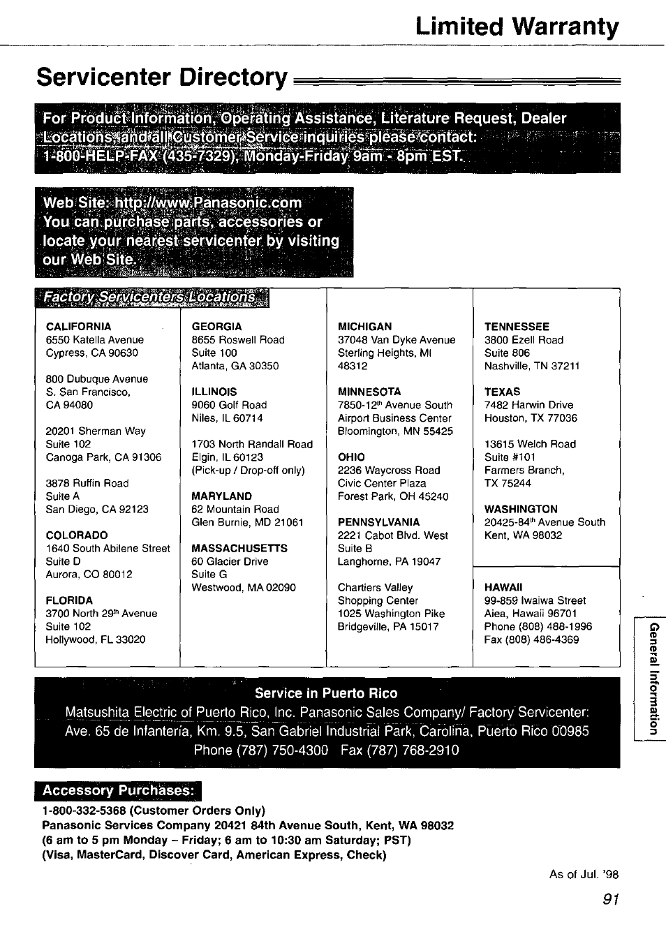 Servicenter directory, 80р^шр5щ^(1з^29);ж>п<йу-рп, Locate у о u r ri ea ^ r by v i siti ng | Bur web;èitè, Service in puerto rico, Phone (787) 750-4300 fax (787) 768-2910, Accessory purchases, 800-332-5368 (customer orders only), Limited warranty, Web s | Panasonic KX-FP101 User Manual | Page 91 / 104