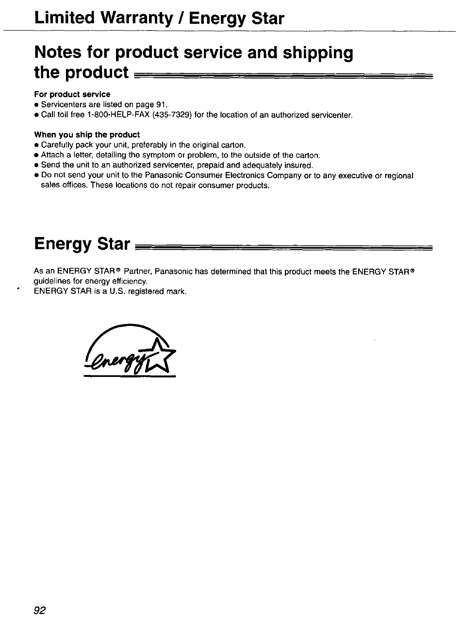 Notes for product service and shipping the product, For product service, When you ship the product | Energy star, Limited warranty / energy star | Panasonic KX-FP101 User Manual | Page 92 / 104