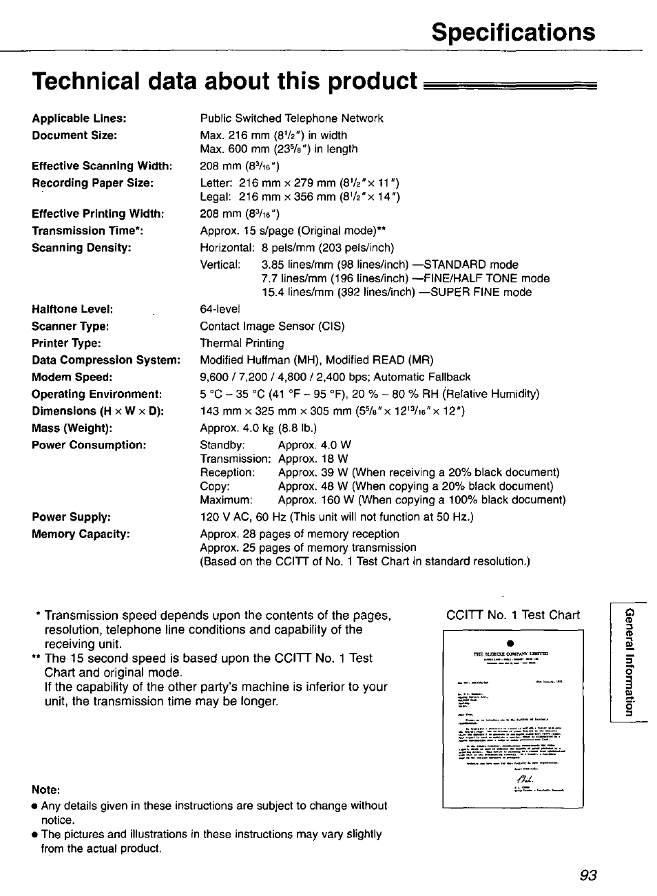 Technical data about this product, Note, Specifications | Panasonic KX-FP101 User Manual | Page 93 / 104