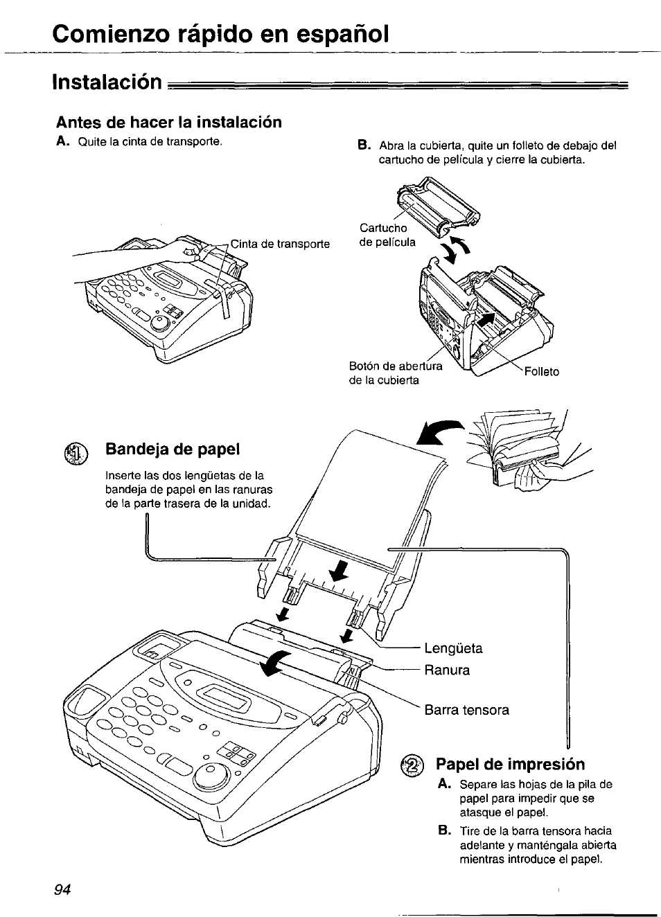 Instalación, Antes de hacer la instalación, Papel de impresión | Comienzo rápido en españoi | Panasonic KX-FP101 User Manual | Page 94 / 104