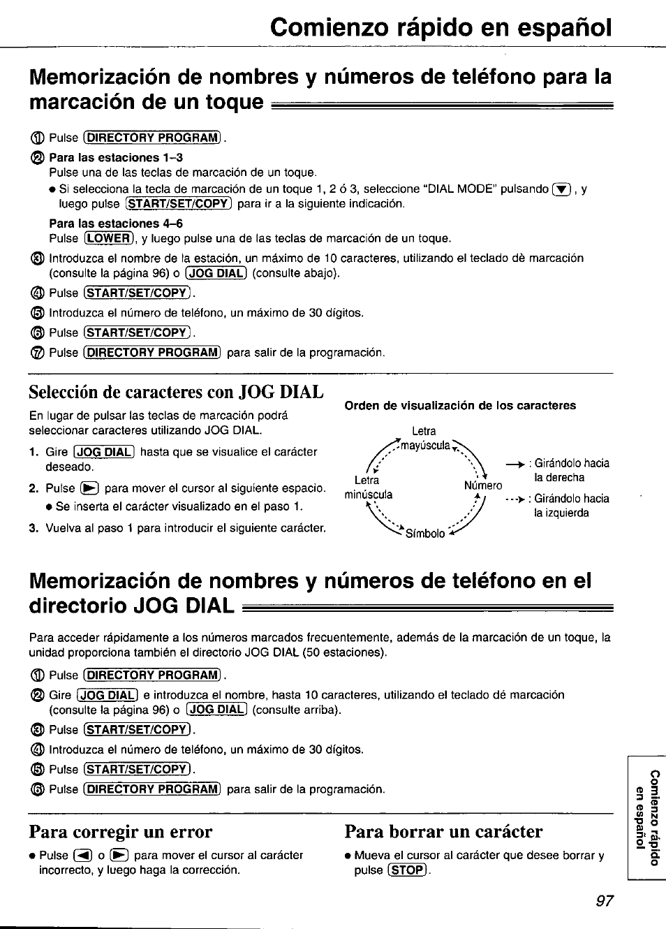 Selección de caracteres con jog dial, Para corregir un error, Para borrar un carácter | Comienzo rápido en españoi | Panasonic KX-FP101 User Manual | Page 97 / 104