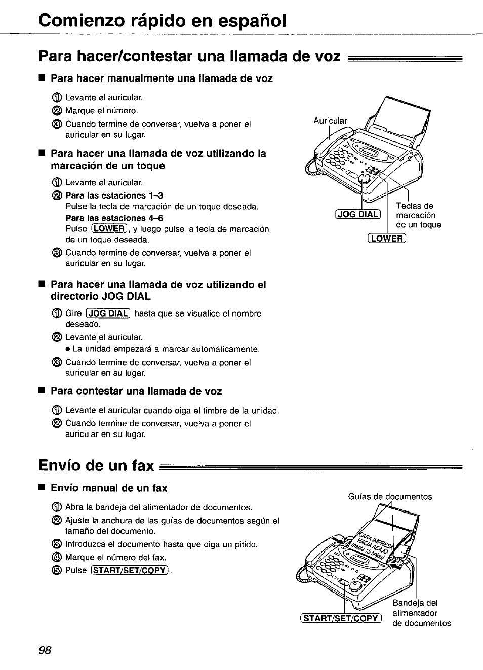 Para hacer/contestar una llamada de voz, Para hacer manualmente una llamada de voz, Para contestar una llamada de voz | Envío de un fax, Envío manual de un fax, Comienzo rápido en español | Panasonic KX-FP101 User Manual | Page 98 / 104