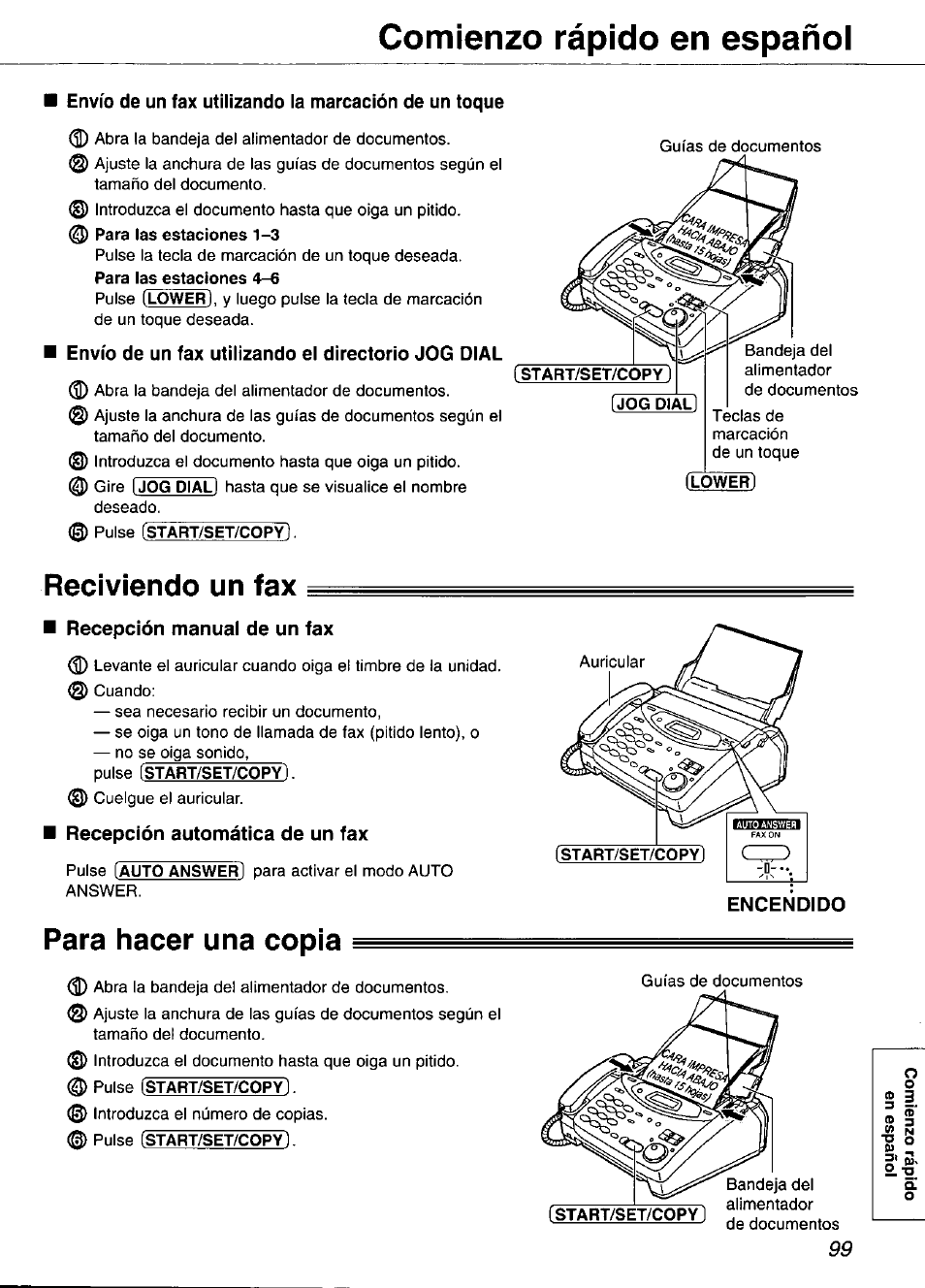 Envío de un fax utilizando el directorio jog dial, Lower, Reciviendo un fax | Recepción manual de un fax, Recepción automática de un fax, Para hacer una copia, Comienzo rápido en español | Panasonic KX-FP101 User Manual | Page 99 / 104